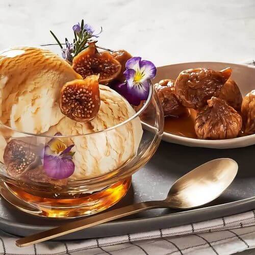 Wild Persian Baby Figa served in glass bowl with ice cream.  By For the Love of Cheeses and The Gourmet Merchant