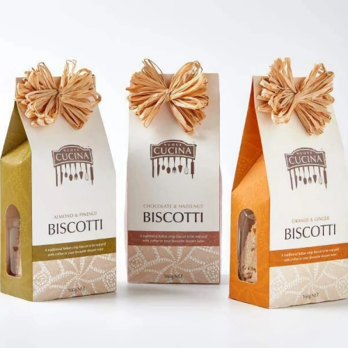Biscotti collection in mediterranean themed packaging and raffia bow