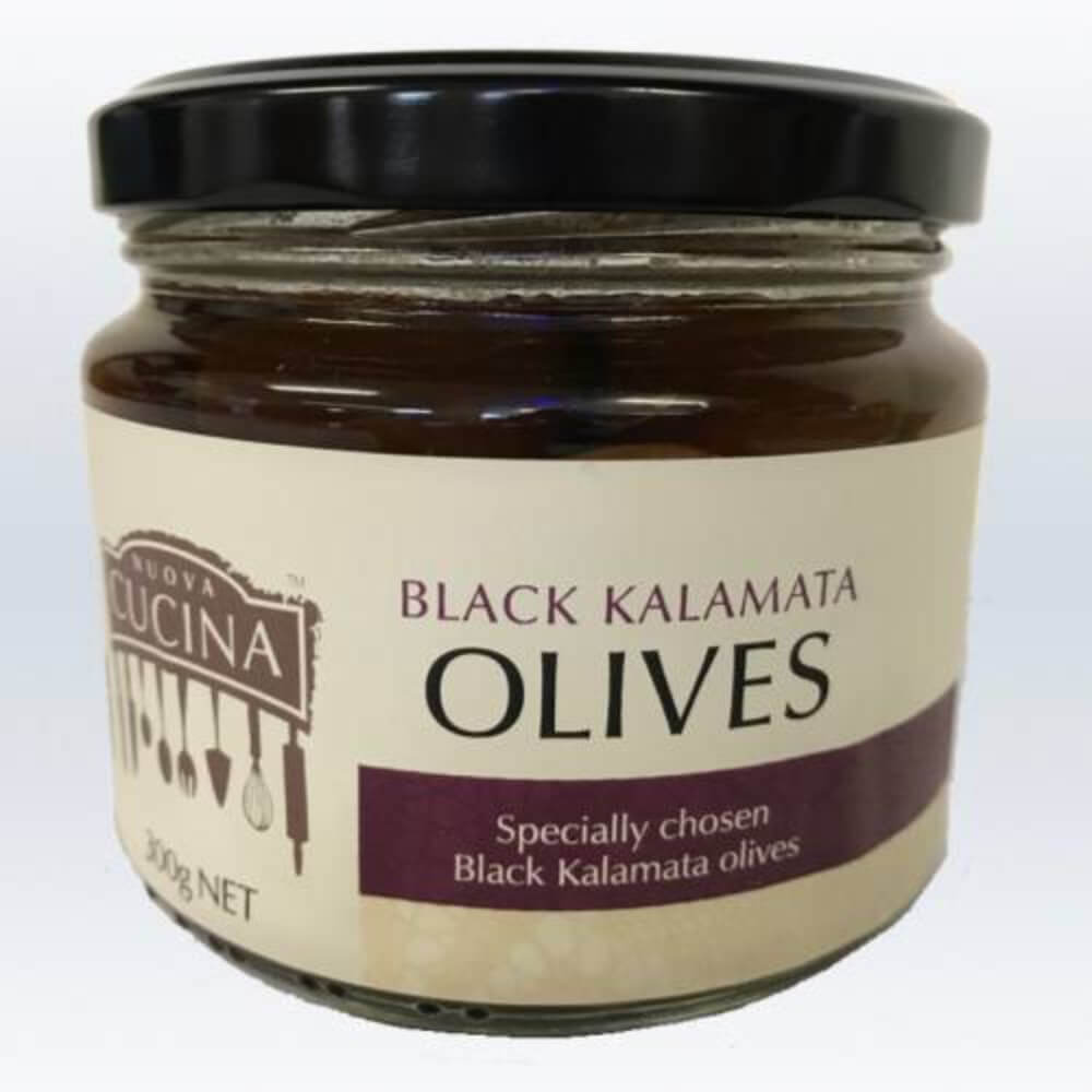 Black kalamata olives 100ml jar eith Nuova Cucina label.  The Gourmet Merchant