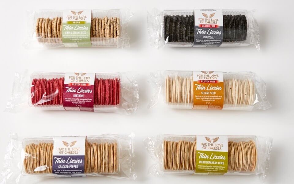 image of six varieties of thin lizzies wafer crackers